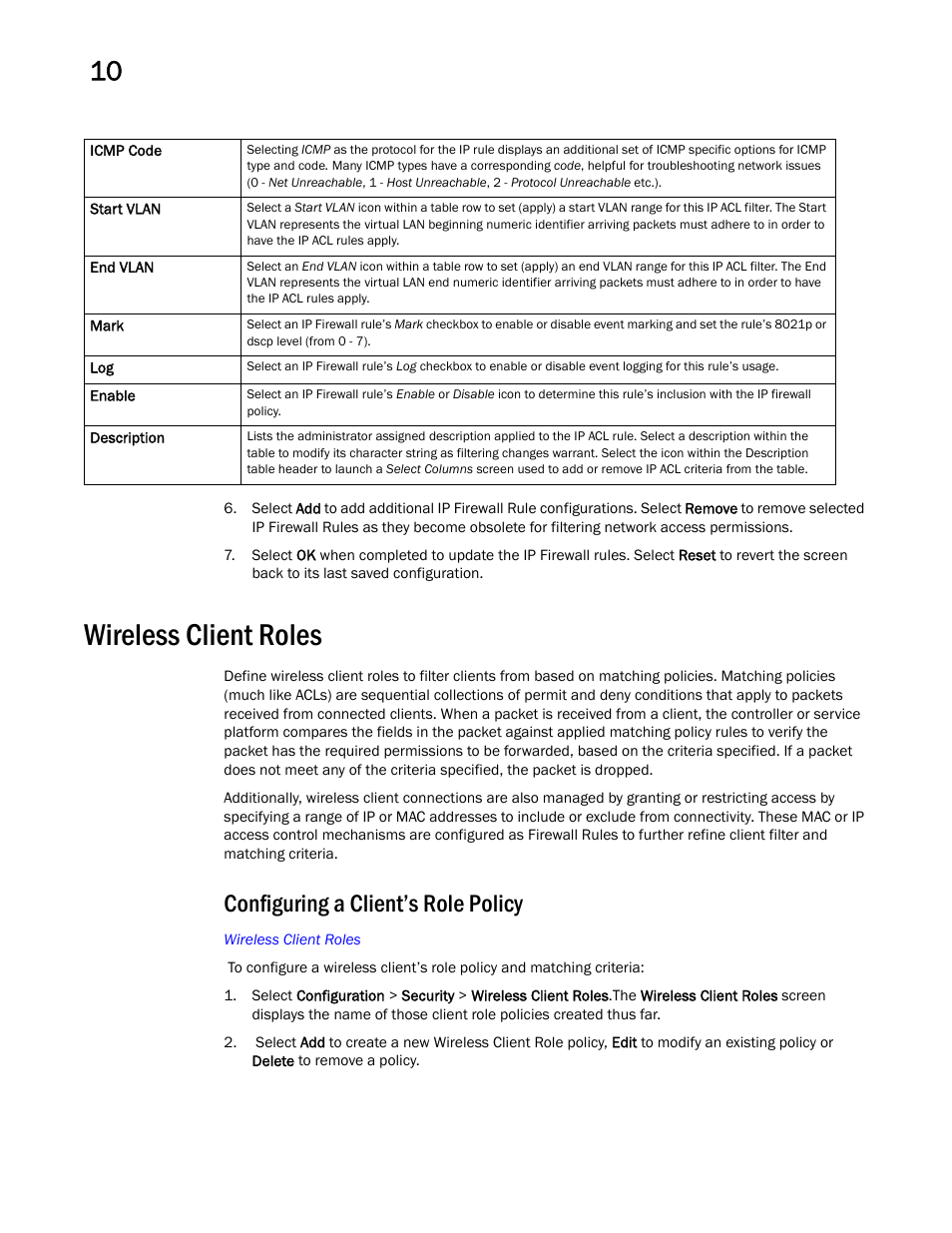 Wireless client roles, Configuring a client’s role policy | Brocade Mobility RFS Controller System Reference Guide (Supporting software release 5.5.0.0 and later) User Manual | Page 594 / 1017