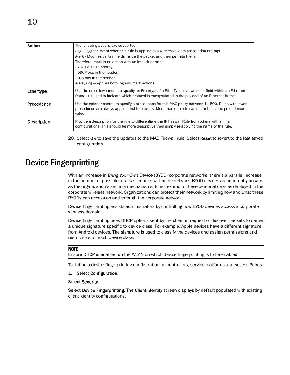 Device fingerprinting | Brocade Mobility RFS Controller System Reference Guide (Supporting software release 5.5.0.0 and later) User Manual | Page 604 / 1017