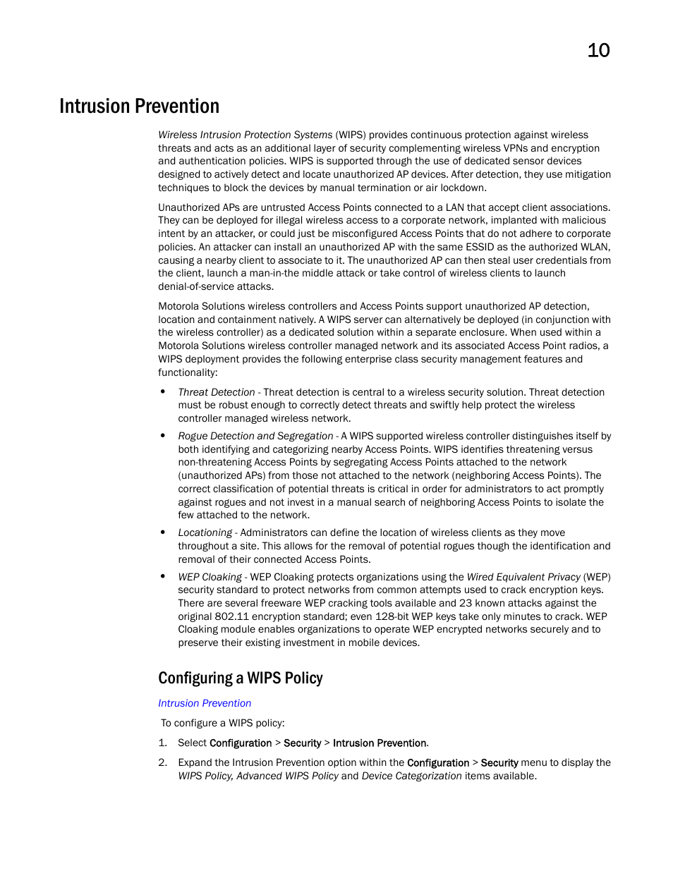 Intrusion prevention, Configuring a wips policy | Brocade Mobility RFS Controller System Reference Guide (Supporting software release 5.5.0.0 and later) User Manual | Page 609 / 1017