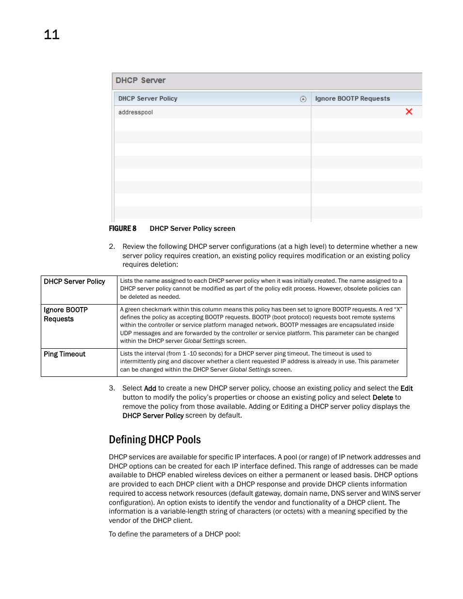 Defining dhcp pools | Brocade Mobility RFS Controller System Reference Guide (Supporting software release 5.5.0.0 and later) User Manual | Page 638 / 1017