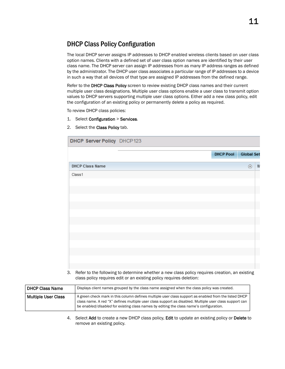 Dhcp class policy configuration | Brocade Mobility RFS Controller System Reference Guide (Supporting software release 5.5.0.0 and later) User Manual | Page 647 / 1017
