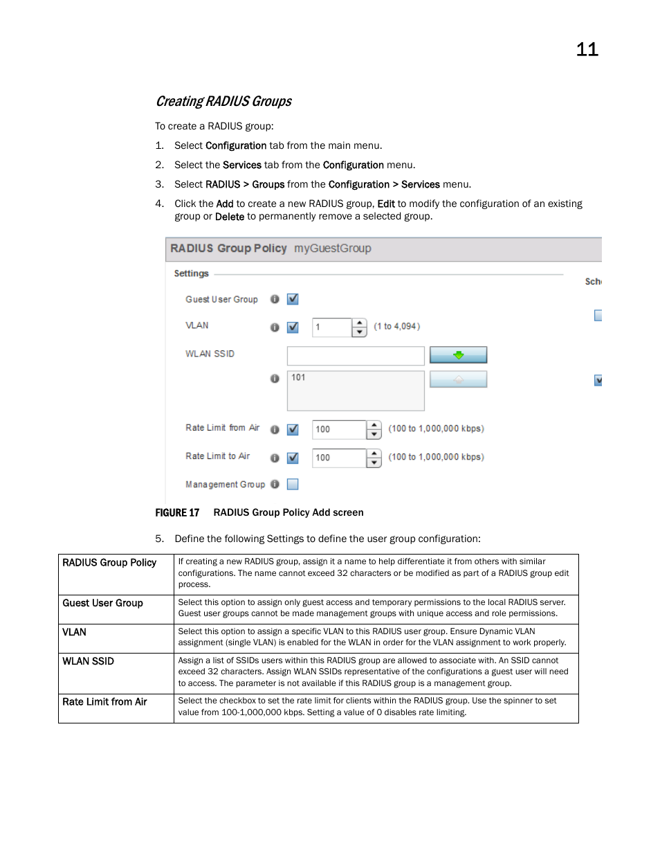 Creating radius groups | Brocade Mobility RFS Controller System Reference Guide (Supporting software release 5.5.0.0 and later) User Manual | Page 651 / 1017