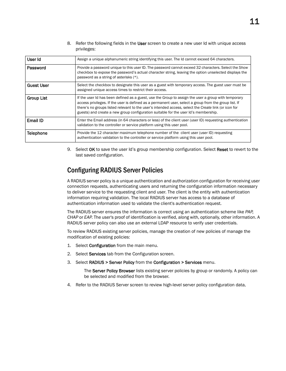 Configuring radius server policies | Brocade Mobility RFS Controller System Reference Guide (Supporting software release 5.5.0.0 and later) User Manual | Page 655 / 1017