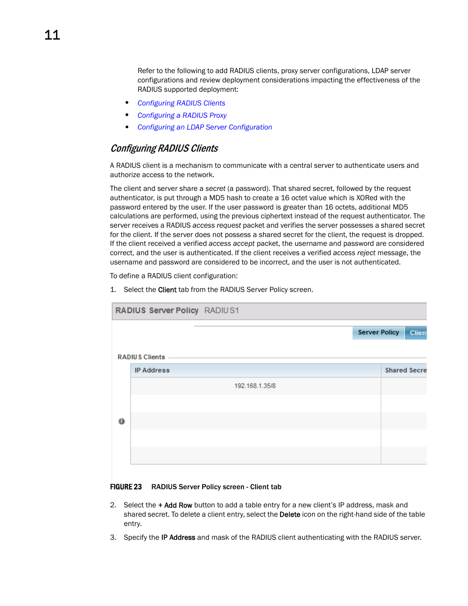 Configuring radius clients | Brocade Mobility RFS Controller System Reference Guide (Supporting software release 5.5.0.0 and later) User Manual | Page 660 / 1017