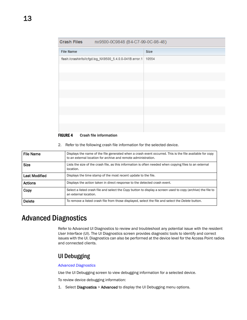 Advanced diagnostics, Ui debugging | Brocade Mobility RFS Controller System Reference Guide (Supporting software release 5.5.0.0 and later) User Manual | Page 706 / 1017