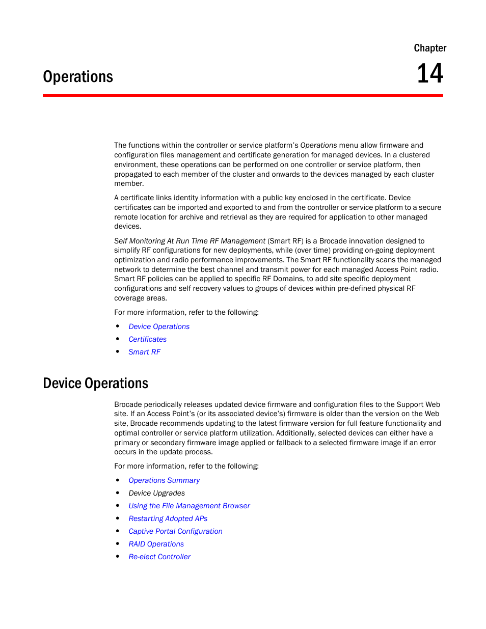 Operations, Device operations, Chapter 14 | Brocade Mobility RFS Controller System Reference Guide (Supporting software release 5.5.0.0 and later) User Manual | Page 709 / 1017