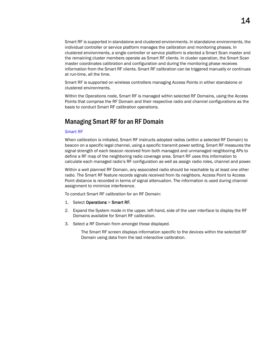 Managing smart rf for an rf domain | Brocade Mobility RFS Controller System Reference Guide (Supporting software release 5.5.0.0 and later) User Manual | Page 745 / 1017