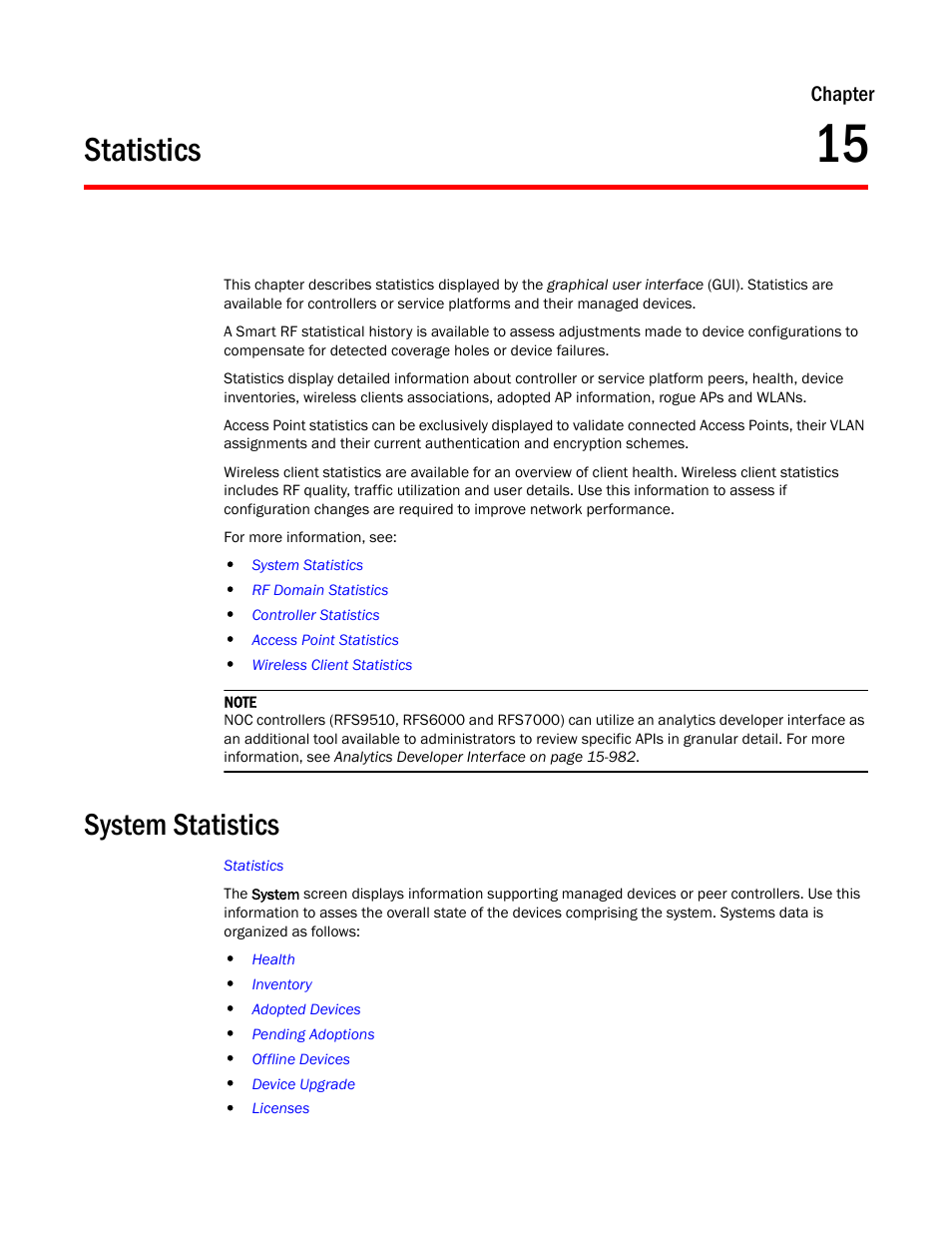 Statistics, System statistics, Chapter 15 | Brocade Mobility RFS Controller System Reference Guide (Supporting software release 5.5.0.0 and later) User Manual | Page 749 / 1017