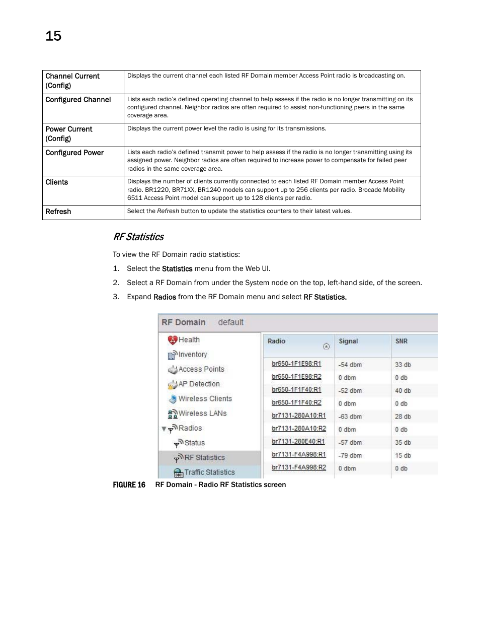 Rf statistics | Brocade Mobility RFS Controller System Reference Guide (Supporting software release 5.5.0.0 and later) User Manual | Page 774 / 1017