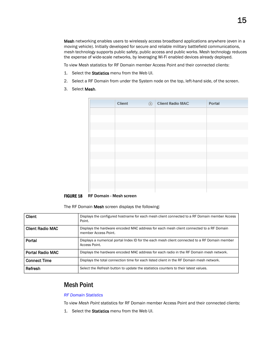 Mesh point | Brocade Mobility RFS Controller System Reference Guide (Supporting software release 5.5.0.0 and later) User Manual | Page 777 / 1017