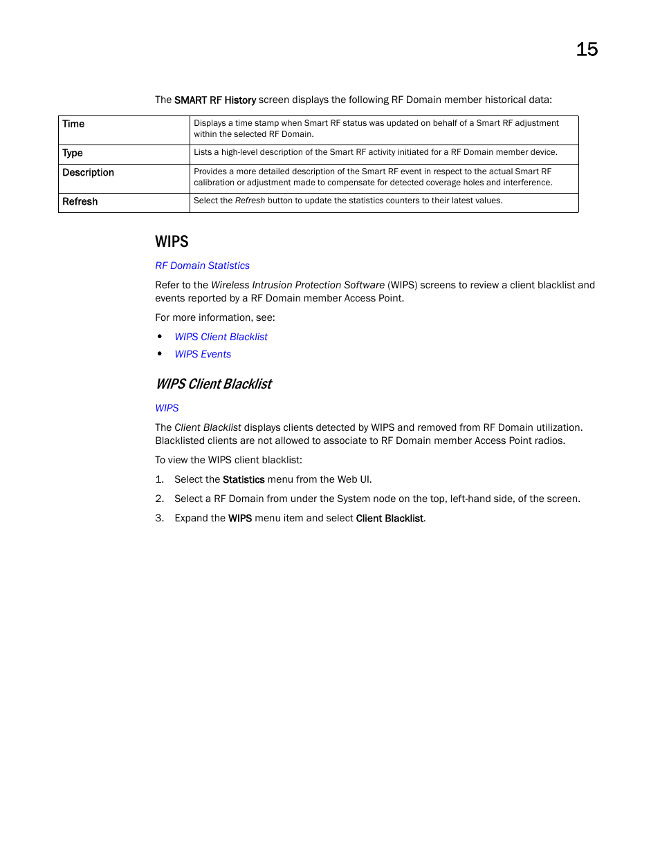 Wips, Wips client blacklist | Brocade Mobility RFS Controller System Reference Guide (Supporting software release 5.5.0.0 and later) User Manual | Page 801 / 1017