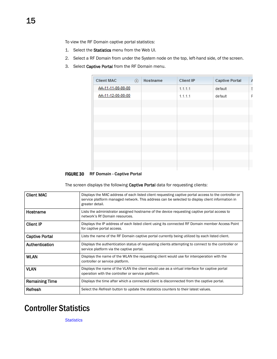 Controller statistics | Brocade Mobility RFS Controller System Reference Guide (Supporting software release 5.5.0.0 and later) User Manual | Page 804 / 1017