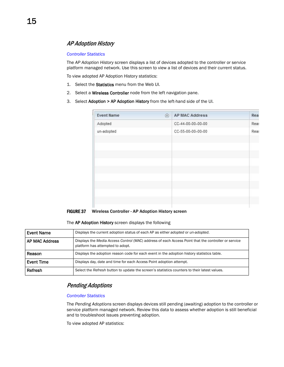 Ap adoption history, Pending adoptions | Brocade Mobility RFS Controller System Reference Guide (Supporting software release 5.5.0.0 and later) User Manual | Page 816 / 1017