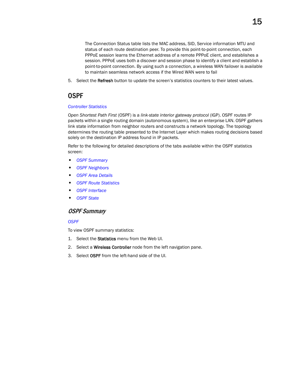 Ospf, Ospf summary | Brocade Mobility RFS Controller System Reference Guide (Supporting software release 5.5.0.0 and later) User Manual | Page 837 / 1017