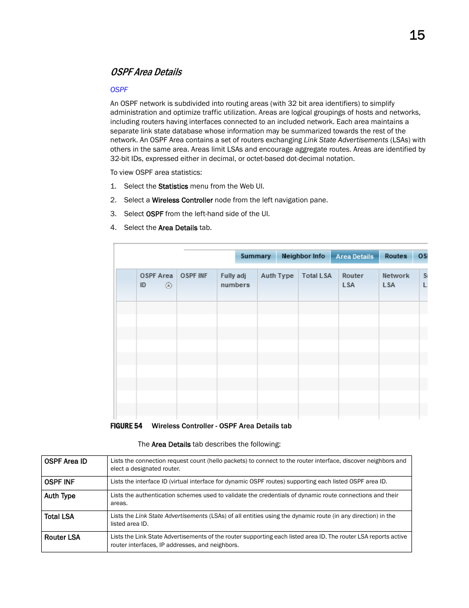 Ospf area details | Brocade Mobility RFS Controller System Reference Guide (Supporting software release 5.5.0.0 and later) User Manual | Page 841 / 1017