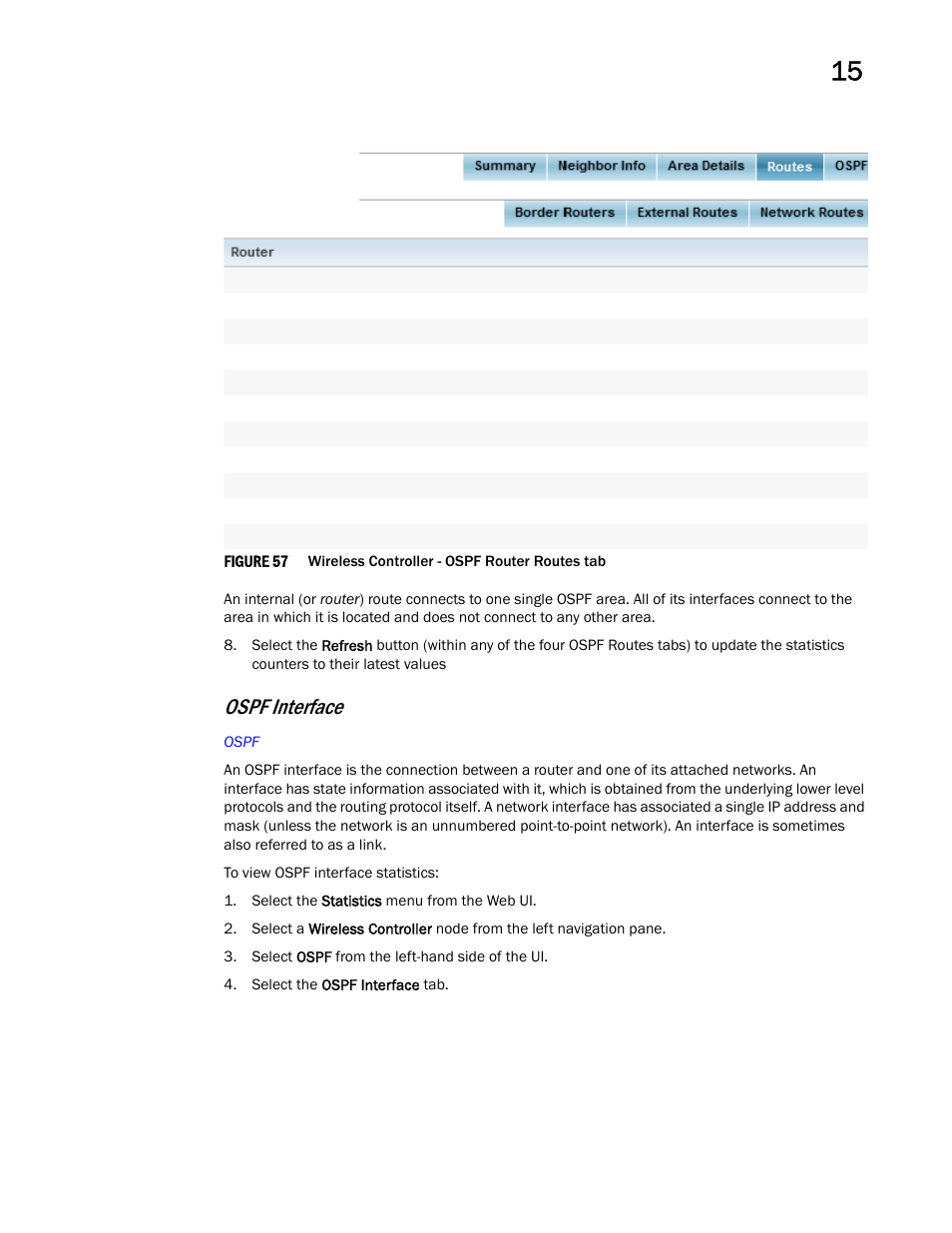 Ospf interface | Brocade Mobility RFS Controller System Reference Guide (Supporting software release 5.5.0.0 and later) User Manual | Page 845 / 1017