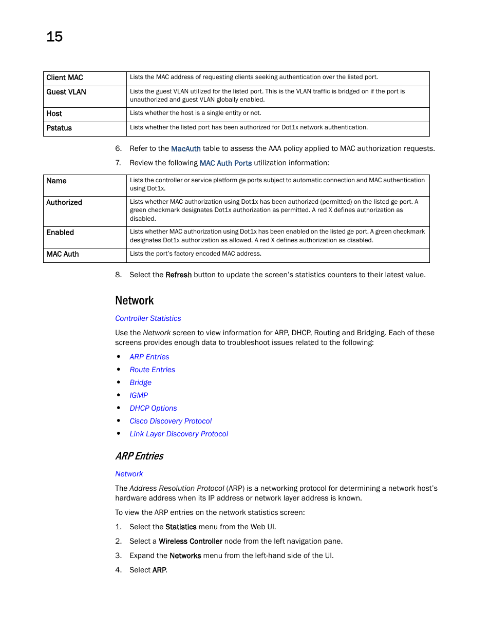 Network, Arp entries | Brocade Mobility RFS Controller System Reference Guide (Supporting software release 5.5.0.0 and later) User Manual | Page 856 / 1017
