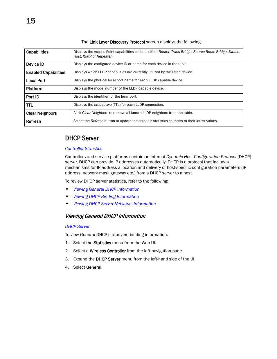 Dhcp server, Viewing general dhcp information | Brocade Mobility RFS Controller System Reference Guide (Supporting software release 5.5.0.0 and later) User Manual | Page 864 / 1017