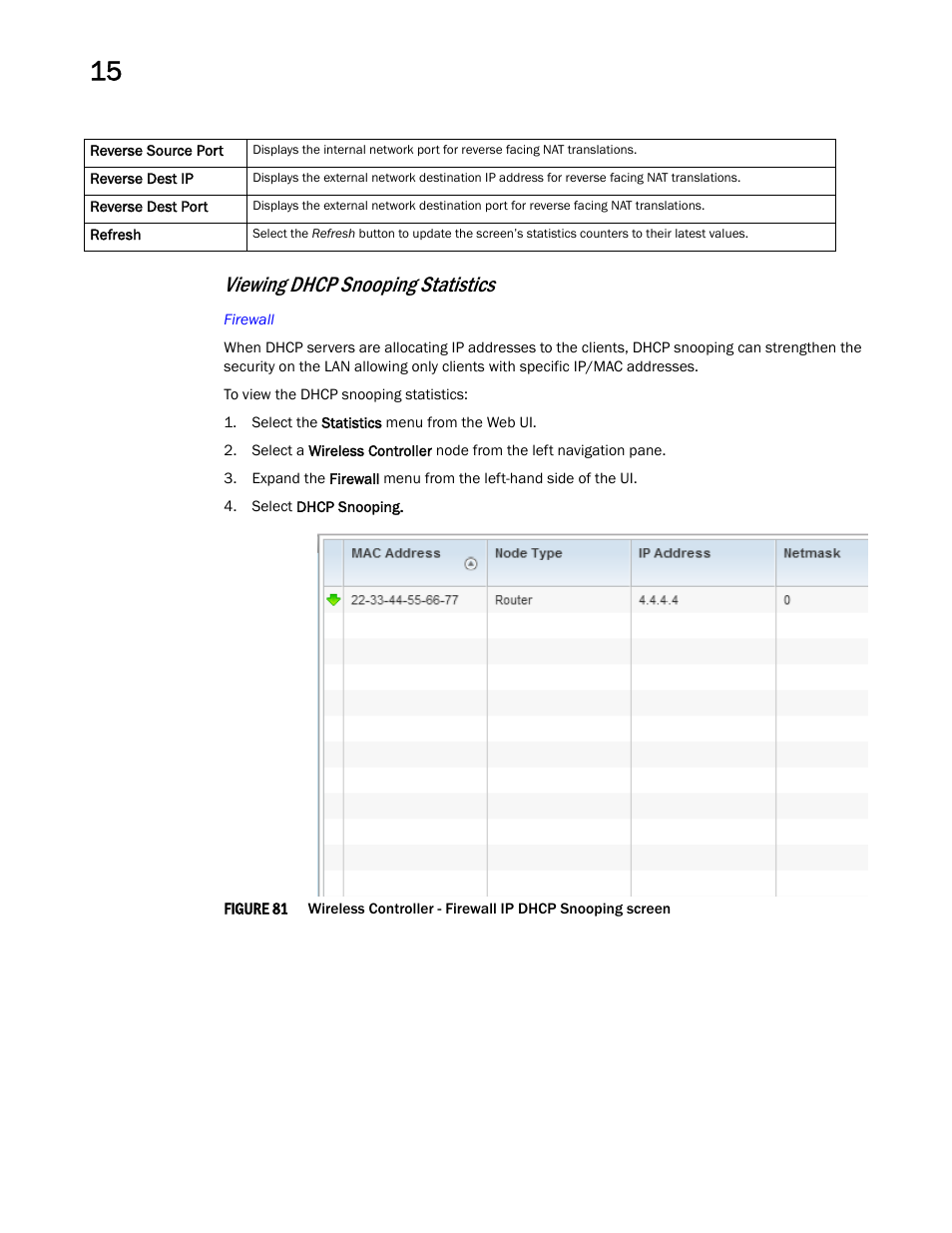 Viewing dhcp snooping statistics | Brocade Mobility RFS Controller System Reference Guide (Supporting software release 5.5.0.0 and later) User Manual | Page 874 / 1017