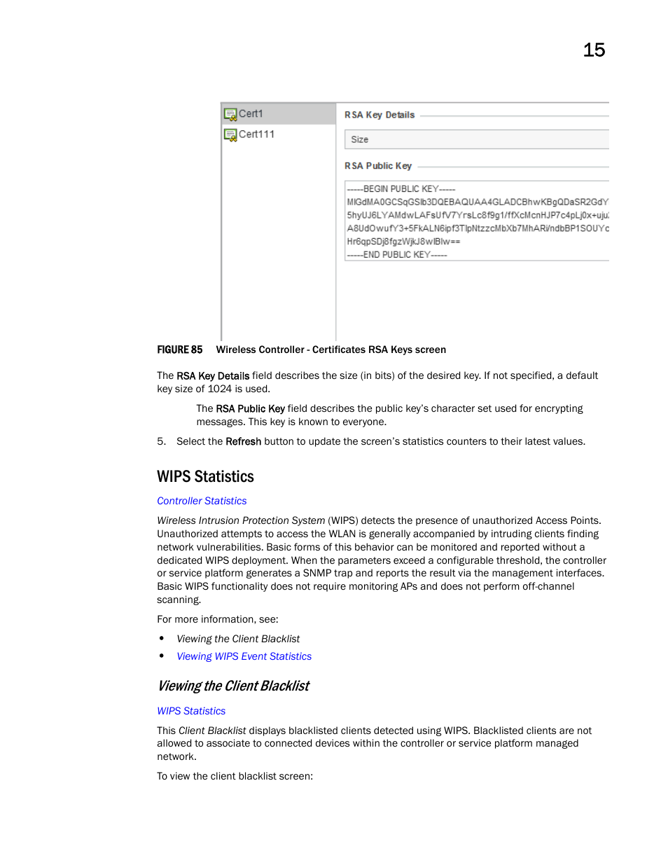 Wips statistics, Viewing the client blacklist | Brocade Mobility RFS Controller System Reference Guide (Supporting software release 5.5.0.0 and later) User Manual | Page 881 / 1017
