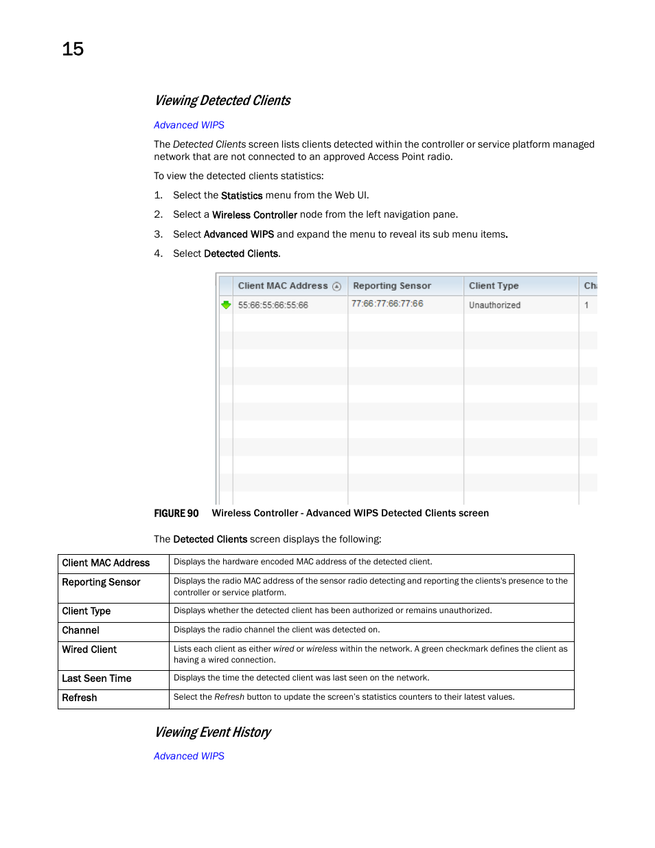 Viewing detected clients, Viewing event history | Brocade Mobility RFS Controller System Reference Guide (Supporting software release 5.5.0.0 and later) User Manual | Page 886 / 1017
