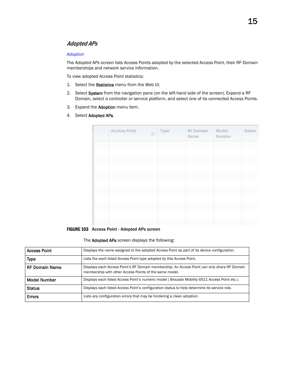 Adopted aps | Brocade Mobility RFS Controller System Reference Guide (Supporting software release 5.5.0.0 and later) User Manual | Page 905 / 1017