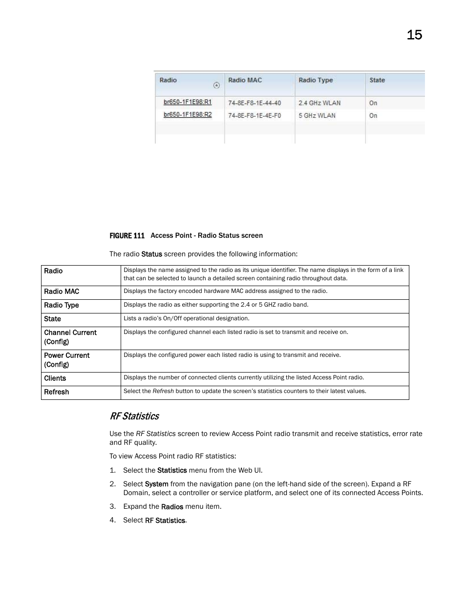 Rf statistics | Brocade Mobility RFS Controller System Reference Guide (Supporting software release 5.5.0.0 and later) User Manual | Page 915 / 1017