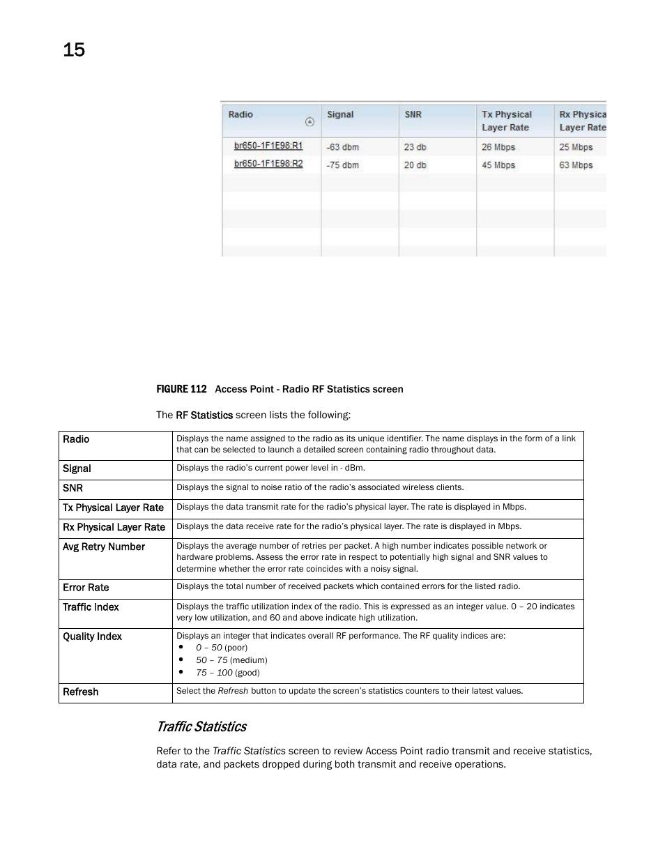 Traffic statistics | Brocade Mobility RFS Controller System Reference Guide (Supporting software release 5.5.0.0 and later) User Manual | Page 916 / 1017