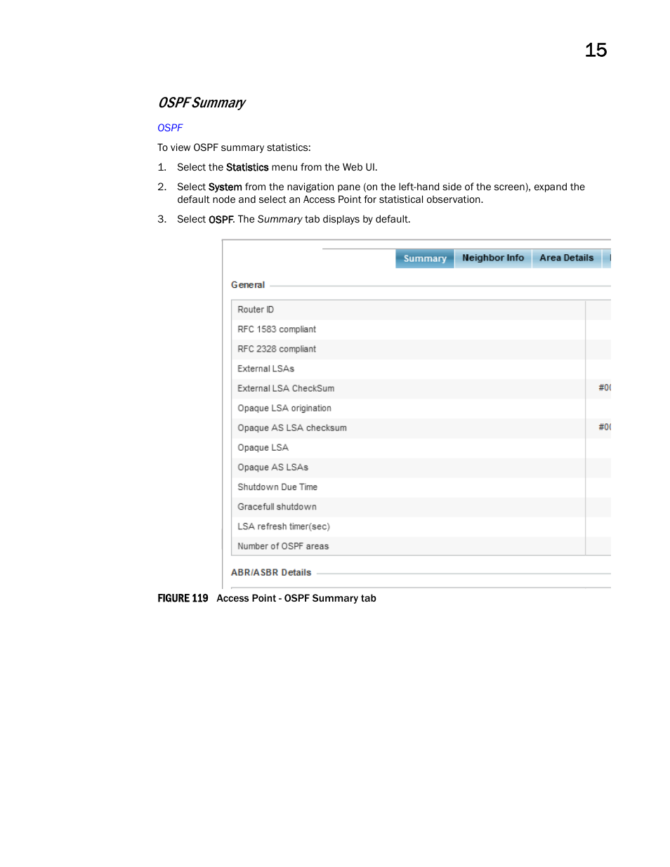 Ospf summary | Brocade Mobility RFS Controller System Reference Guide (Supporting software release 5.5.0.0 and later) User Manual | Page 927 / 1017