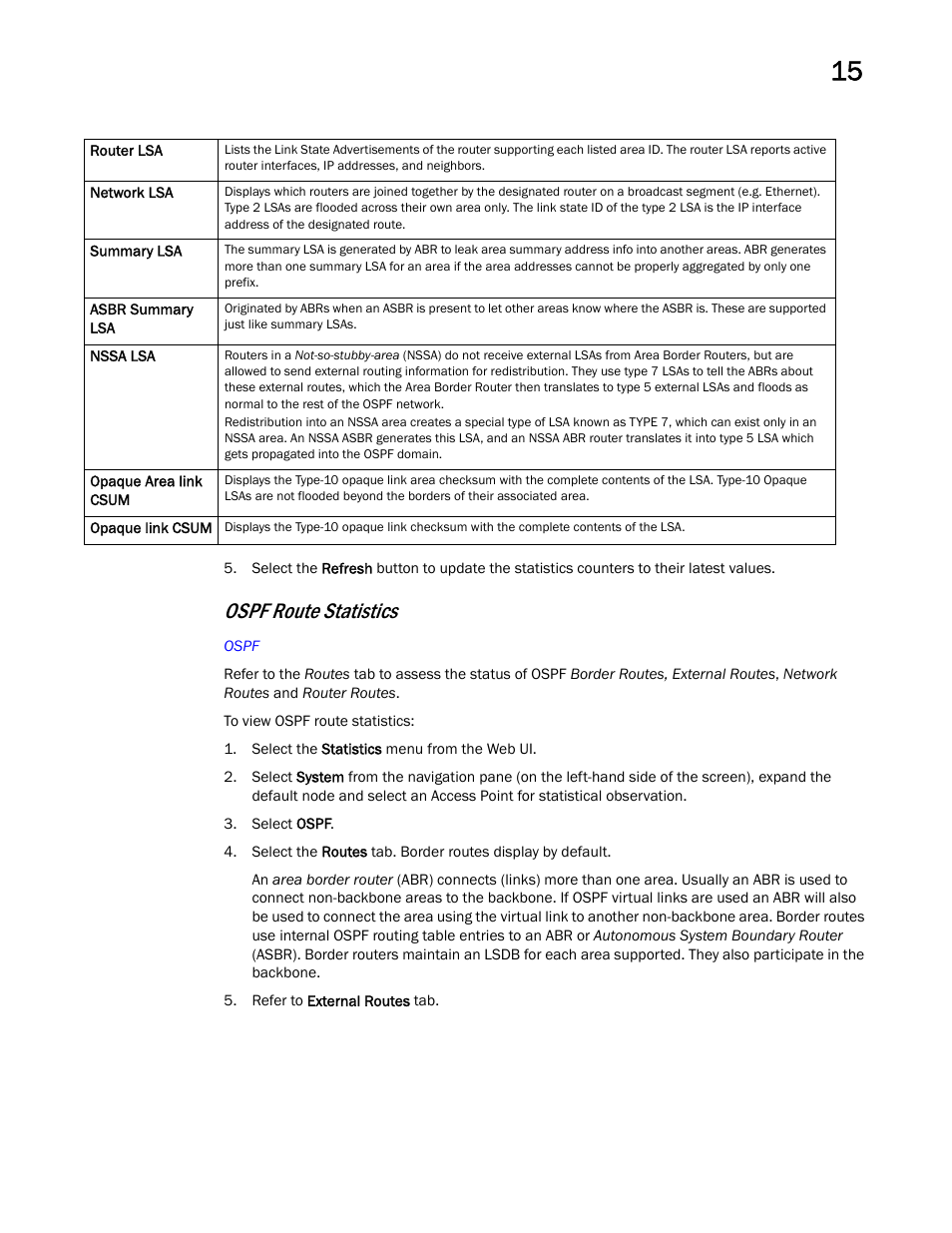Ospf route statistics | Brocade Mobility RFS Controller System Reference Guide (Supporting software release 5.5.0.0 and later) User Manual | Page 931 / 1017