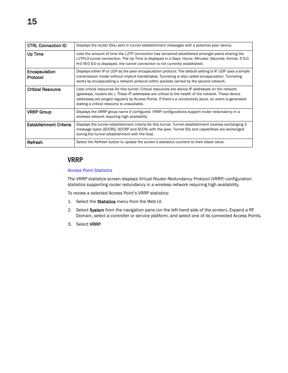 Vrrp | Brocade Mobility RFS Controller System Reference Guide (Supporting software release 5.5.0.0 and later) User Manual | Page 938 / 1017