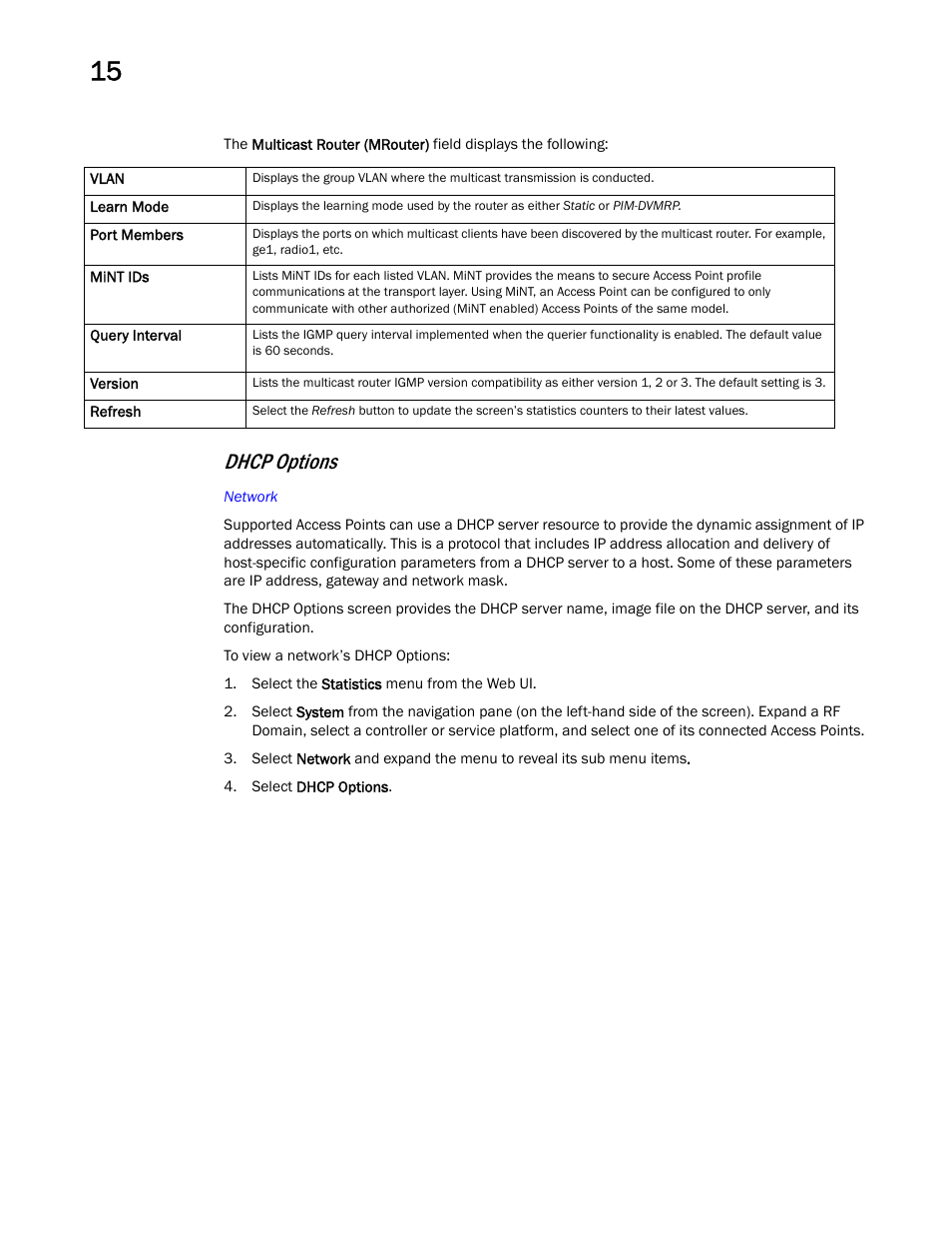 Dhcp options | Brocade Mobility RFS Controller System Reference Guide (Supporting software release 5.5.0.0 and later) User Manual | Page 950 / 1017