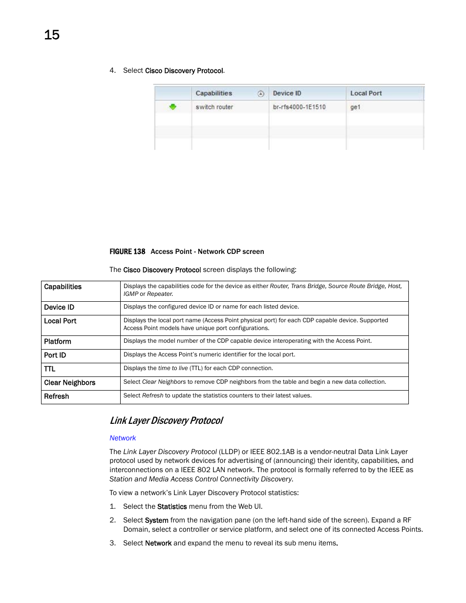 Link layer discovery protocol | Brocade Mobility RFS Controller System Reference Guide (Supporting software release 5.5.0.0 and later) User Manual | Page 952 / 1017