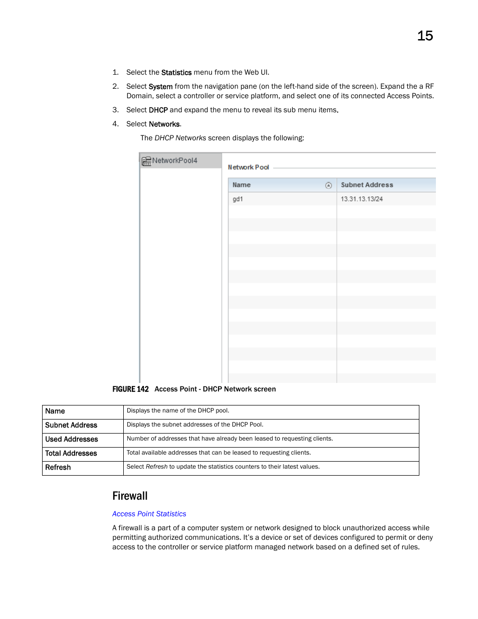 Firewall | Brocade Mobility RFS Controller System Reference Guide (Supporting software release 5.5.0.0 and later) User Manual | Page 957 / 1017