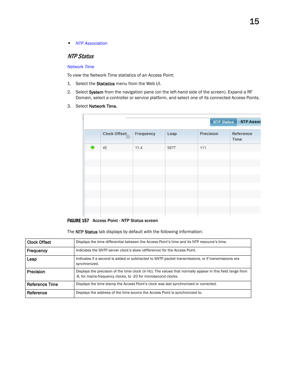 Ntp status | Brocade Mobility RFS Controller System Reference Guide (Supporting software release 5.5.0.0 and later) User Manual | Page 975 / 1017