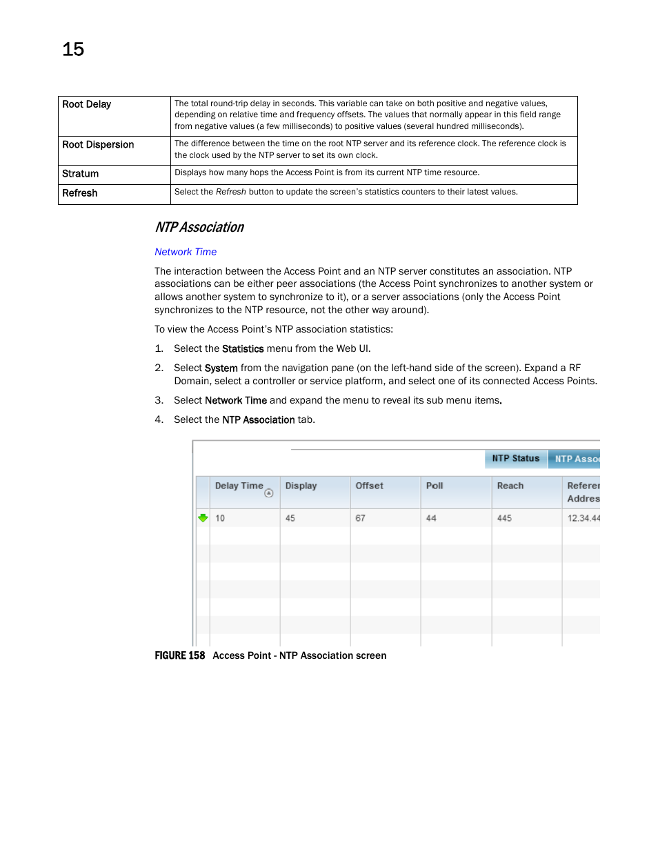 Ntp association | Brocade Mobility RFS Controller System Reference Guide (Supporting software release 5.5.0.0 and later) User Manual | Page 976 / 1017