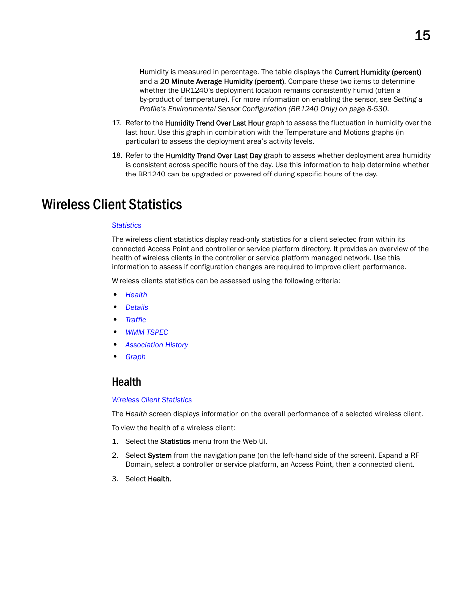 Wireless client statistics, Health | Brocade Mobility RFS Controller System Reference Guide (Supporting software release 5.5.0.0 and later) User Manual | Page 983 / 1017