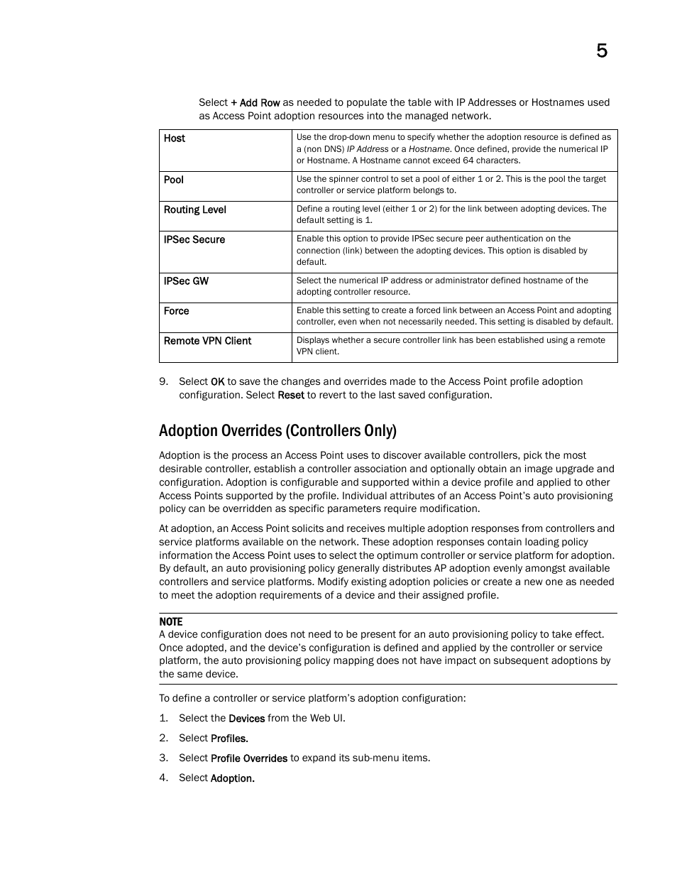 Adoption overrides (controllers only) | Brocade Mobility RFS Controller System Reference Guide (Supporting software release 5.5.0.0 and later) User Manual | Page 99 / 1017