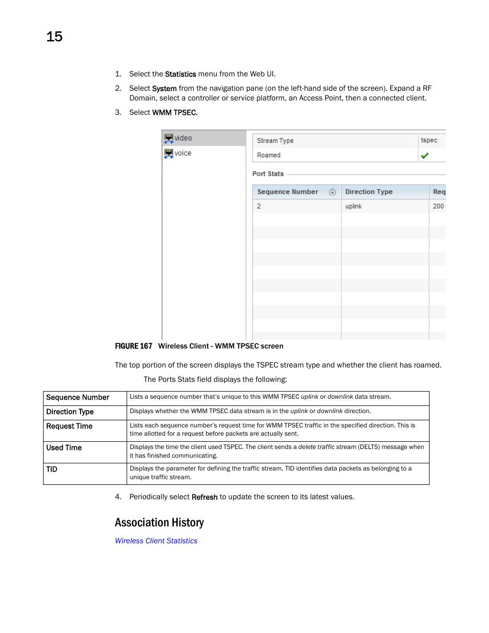 Association history | Brocade Mobility RFS Controller System Reference Guide (Supporting software release 5.5.0.0 and later) User Manual | Page 992 / 1017