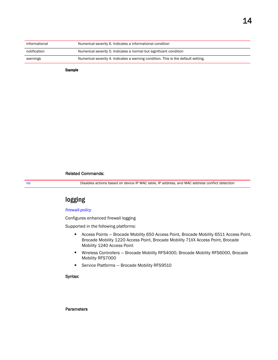 Logging | Brocade Mobility RFS Controller CLI Reference Guide (Supporting software release 5.5.0.0 and later) User Manual | Page 1005 / 1355