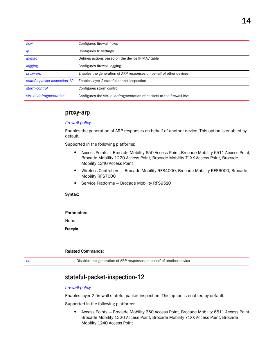 Proxy-arp, Stateful-packet-inspection-12, Stateful-packet-inspecti on-12 | Brocade Mobility RFS Controller CLI Reference Guide (Supporting software release 5.5.0.0 and later) User Manual | Page 1013 / 1355