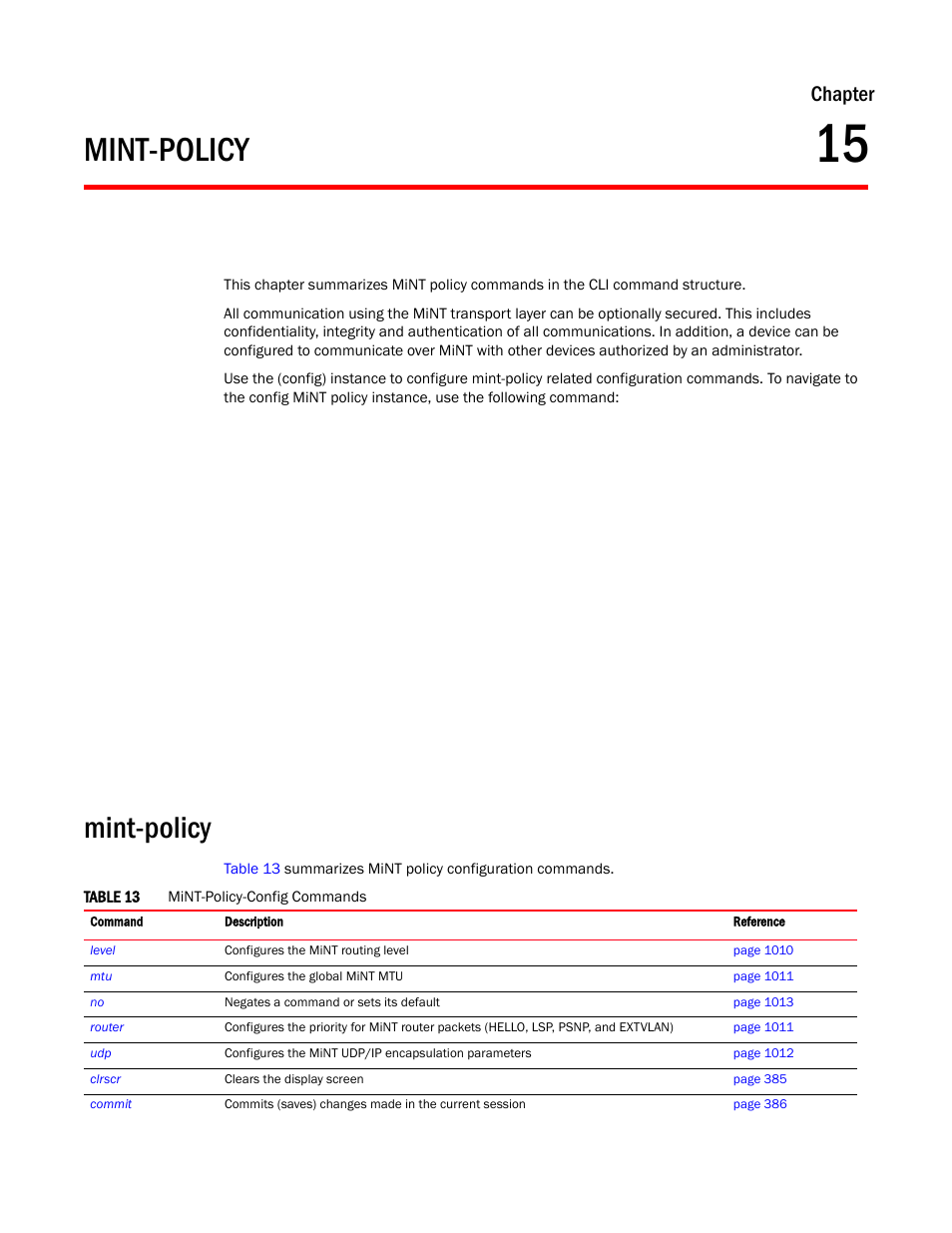 Mint-policy, Chapter 15, Chapter 15, mint-policy | Chapter | Brocade Mobility RFS Controller CLI Reference Guide (Supporting software release 5.5.0.0 and later) User Manual | Page 1018 / 1355