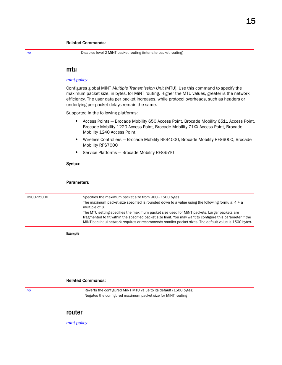 Router | Brocade Mobility RFS Controller CLI Reference Guide (Supporting software release 5.5.0.0 and later) User Manual | Page 1020 / 1355