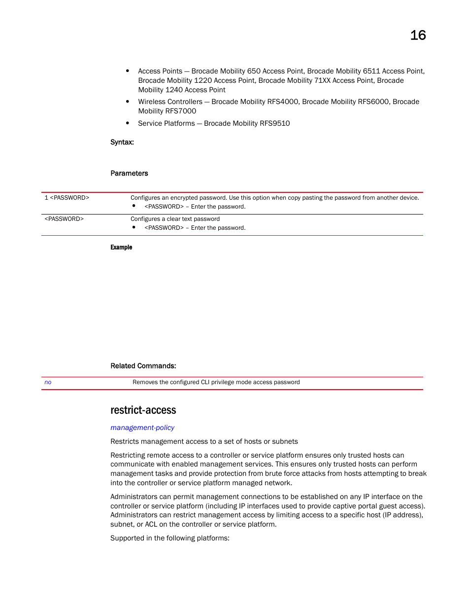 Restrict-access | Brocade Mobility RFS Controller CLI Reference Guide (Supporting software release 5.5.0.0 and later) User Manual | Page 1036 / 1355