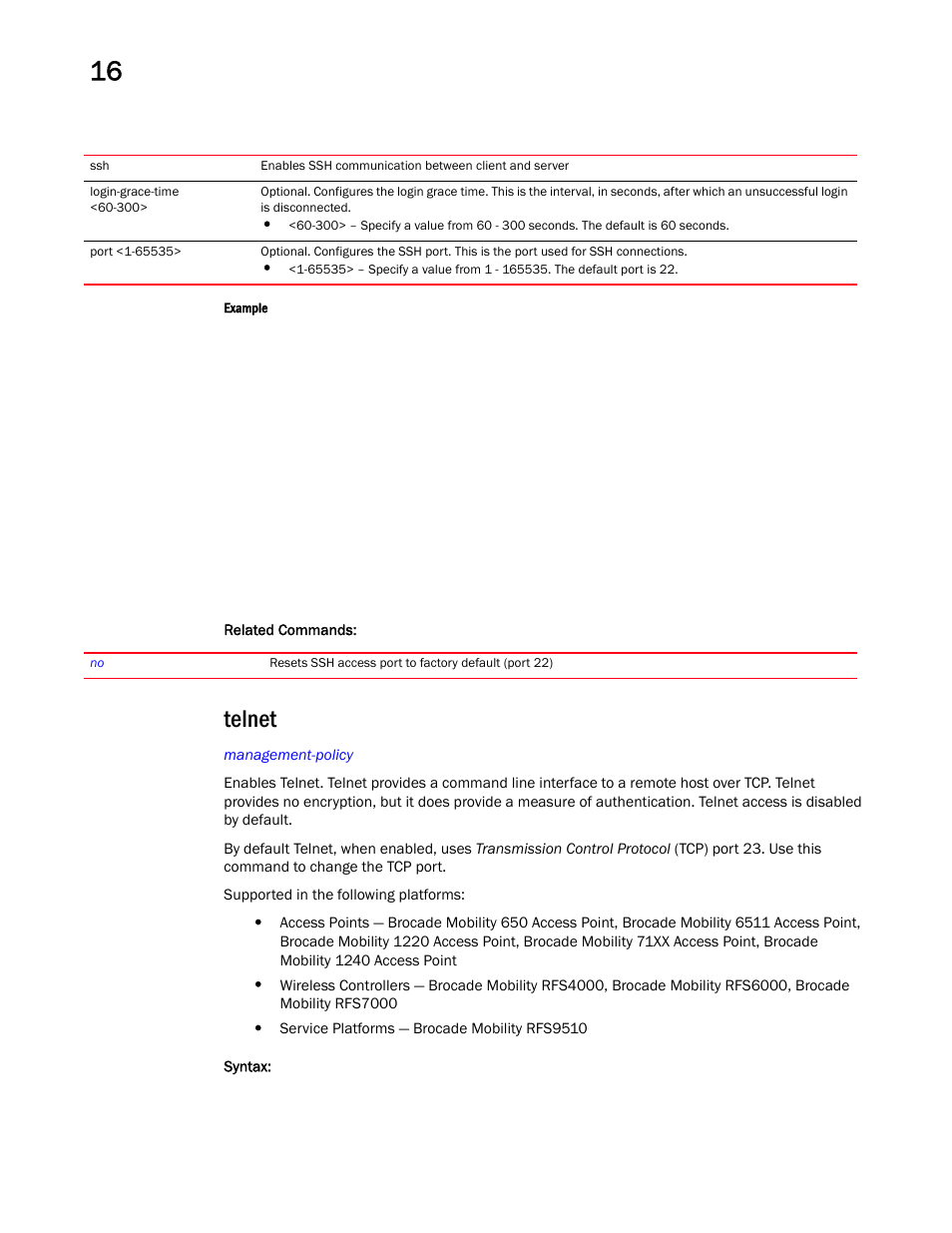 Telnet | Brocade Mobility RFS Controller CLI Reference Guide (Supporting software release 5.5.0.0 and later) User Manual | Page 1043 / 1355