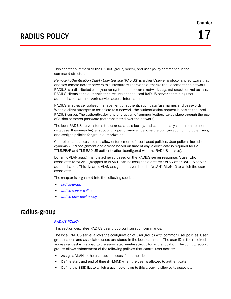 Radius-policy, Radius-group, Chapter 17 | Chapter 17, radius-policy, Policy commands, see | Brocade Mobility RFS Controller CLI Reference Guide (Supporting software release 5.5.0.0 and later) User Manual | Page 1048 / 1355