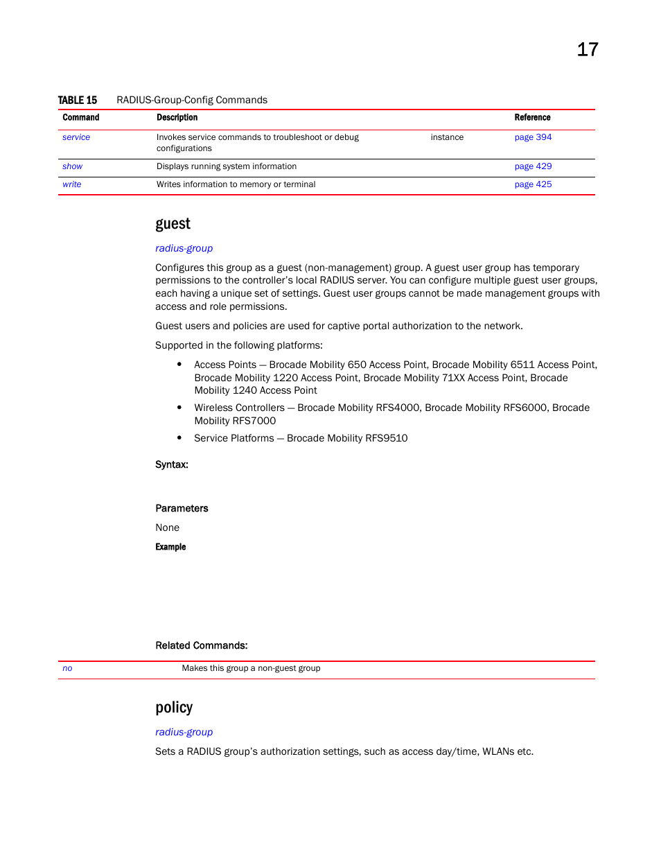 Guest, Policy | Brocade Mobility RFS Controller CLI Reference Guide (Supporting software release 5.5.0.0 and later) User Manual | Page 1050 / 1355