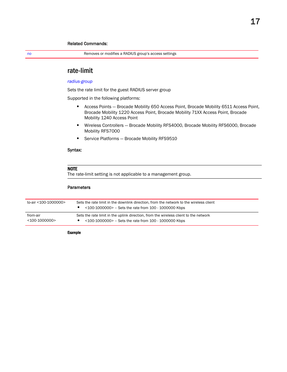 Rate-limit | Brocade Mobility RFS Controller CLI Reference Guide (Supporting software release 5.5.0.0 and later) User Manual | Page 1054 / 1355