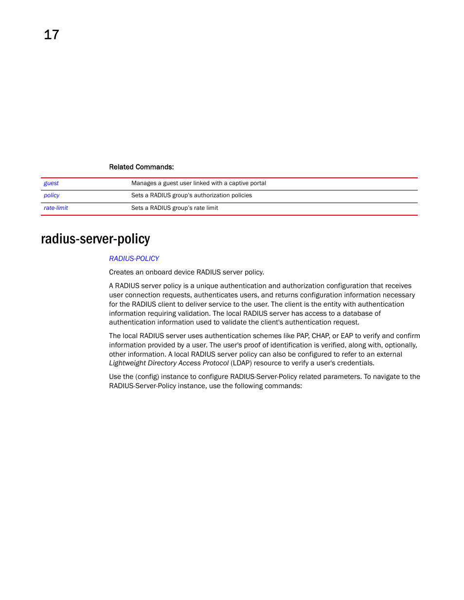 Radius-server-policy | Brocade Mobility RFS Controller CLI Reference Guide (Supporting software release 5.5.0.0 and later) User Manual | Page 1057 / 1355