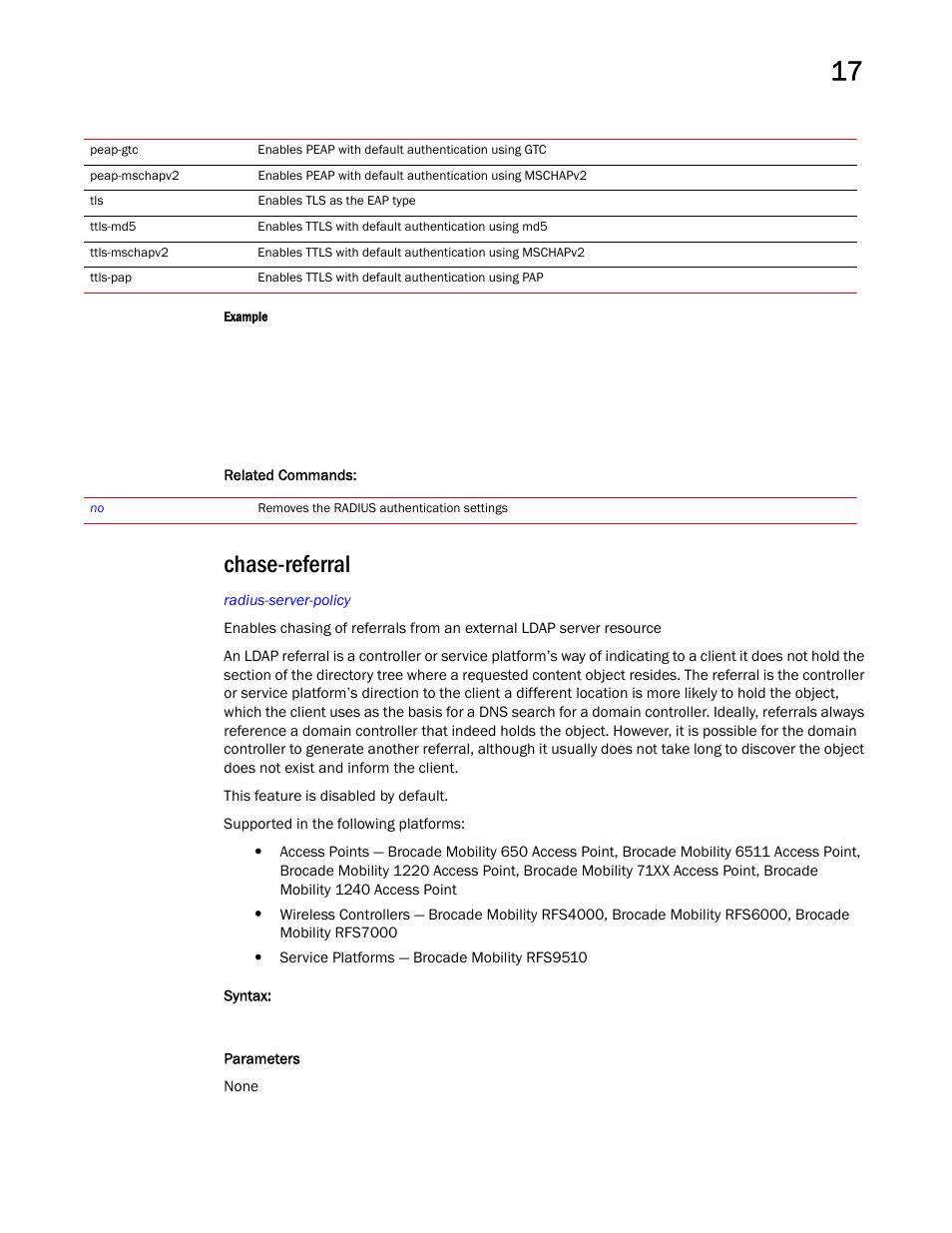 Chase-referral | Brocade Mobility RFS Controller CLI Reference Guide (Supporting software release 5.5.0.0 and later) User Manual | Page 1060 / 1355